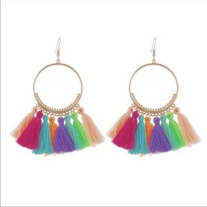 🌸3/$25 🆕 Boho Festival Multi Color Rainbow Gold Hoop Tassel Fringe Earrings